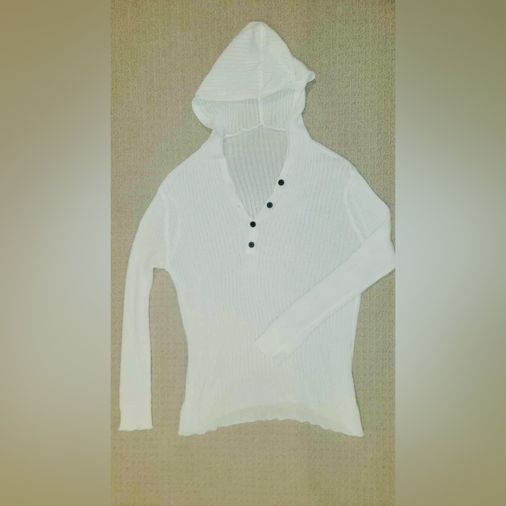 White Hooded knit Sweater with Black Buttons